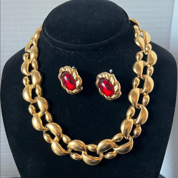 Jewelry - Gold Necklace and Red Stone Clip-On Earring Set 8” Drop
